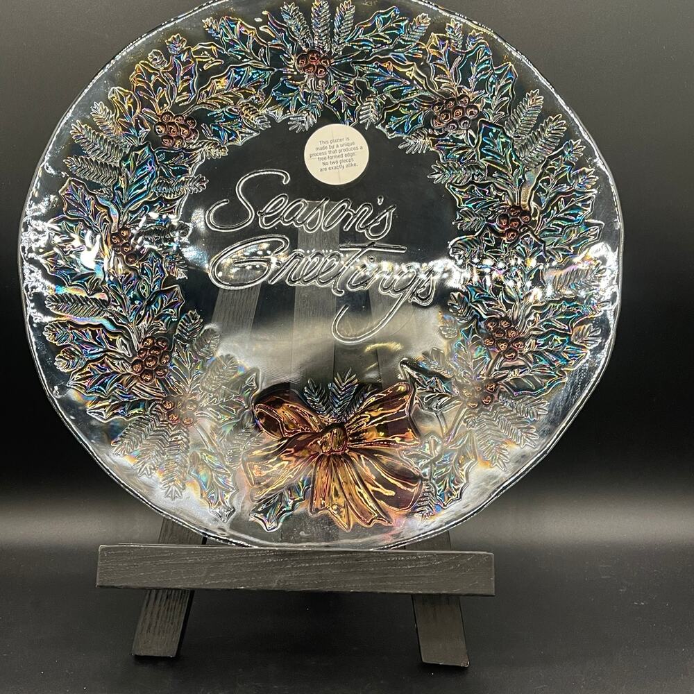 Rainbow Mist Indiana Glass Christmas Seasons Greetings Wreath Platter 13.5”